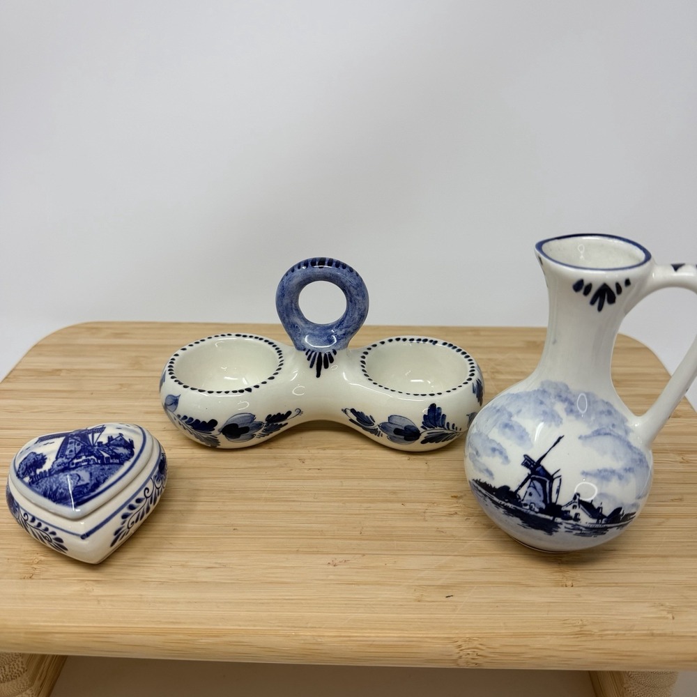 Delft Blue Mini Set 3 Holland Blue White Heart Trinket Dish Pitcher Salt Pepper